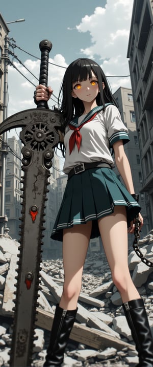 A gritty GOD EATER scene: A petite Japanese girl in a sailor school uniform miniskirt stands strong amidst the ruins of a dystopian cityscape. She brandishes an imposing, intricately detailed mechanical chainsaw-like sword with gears and rivets, its steely sheen contrasting with her fragile features. Her chained hand adds an eerie touch to her menacing aura. The desolate backdrop of dilapidated buildings, power lines, and gray skies amplifies the post-apocalyptic atmosphere. Her exquisite facial features glow amidst the ruin, as she exudes a sense of powerful danger.,ct-sensanime,ct-prettienime2