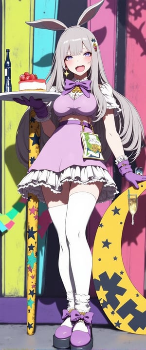 An eccentric fantasy girl stands confidently in front of a colorful backdrop in a short-sleeved ruffled dress and thigh-high white stockings. Her long grey hair flows down her back and is tied with a purple ribbon, on top of which she has bunny ears. She stares straight at the viewer with a blush on her cheeks and playfully sticks out her tongue while holding a plate with a slice of strawberry cake and a bottle of sparkling drink. A crescent-shaped walking stick adorned with stars and star symbols leans against her leg. Her outfit is completed with purple bow-tie-like gloves that match her footwear. The overall atmosphere is vibrant, excited and playful. VNS_Add more details,Color,1girl
,ct-kbright