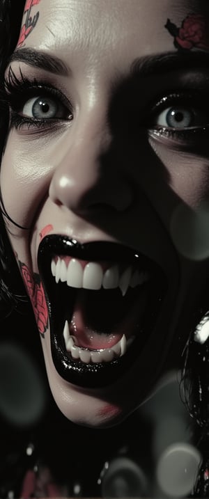 a high-speed action photograph of a beautiful, wicked female vampire. She has very long sharp fangs. She has large, crimson-streaked black eyes filled with malice and desire, extravagant dark eyelashes, perfect crimson rose tattoo, pretty gothic-core punk-style dress and wicked stiletto high heel boots, gleaming black lips, white skin, she exudes evil and dominance. Action shot of her snarling and attacking the viewer. Depth of Field, cinematic atmosphere, beautiful photography, 35mm, Canon EOS 5D Mark IV DSLR, f/5.6 aperture, 1/125 second shutter speed, punk.,ct-skyzo_identity,ct-arix,ct-chainb,ct-dbe,ct-chasartre,ct-bratz,ct-biskitity,ct-hyuntity,ct-vituajis