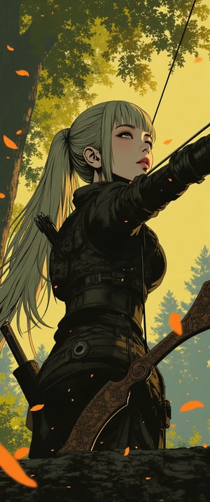 fantasy stylized illustration, elven female archer, profile view, full body shot, masterpiece, high detail, cinematic composition, dramatic lighting character details: elven woman, long blonde hair flowing in wind, pointed ears, serious and focused expression, eyes fixed on target, anime, cyberpunk, ne0nfant4sy, Anime style. pose: archer in full draw position, bow pulled back, arms taut, body angled for perfect form armor: light leather armor with leaf motifs, form-fitting for mobility, arm guards on wrists, quiver on back weapon: ornate wooden longbow, intricately carved with elven designs environment: dense forest backdrop, dappled sunlight filtering through leaves, autumn colors, falling leaves in foreground lighting: golden hour sunlight, rays piercing through trees, creating a magical atmosphere mood: tense, alert, ready for action style: highly detailed digital painting, realistic fantasy, vibrant autumn colors additional elements: leaves and particles floating in air, lens flare effects, subtle magical aura around the archer, intricate elven patterns on armor and bow composition: character positioned on left third of frame, arrow pointing towards right side, creating dynamic tension,ct-rosity,ct-chainb,ct-animefilm,ct-kds,ct-vero13,ct-euntity,ct-jennie,ct-hyuntity,ct-vituajis