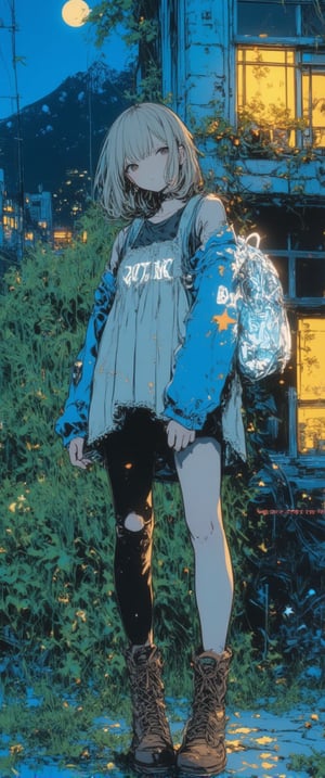 a medium-sized anime girl stands in front of a window(night). She is wearing a light-colored dress, adorned with a floral pattern, and a pair of brown boots with laces on them. Her hair is short, cascades over her shoulders, adding a touch of warmth to the scene. The girl's dress is adorned with small orange stars and a blue shirt with a white design on it, she is wearing a luminiscent and transparent cristal backpack,glowing. She stands on a concrete sidewalk, her left leg is crossed, and her right leg is slightly bent at the elbow. Her left foot is crossed at the knee, while her right foot is straight at the bottom. The backdrop is a vast expanse of grass, with a mountain in the distance. The sky is a deep blue, and the moon is setting, creating a soft glow.