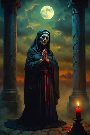 A dying depiction of a menacing cult nun in a dark, atmospheric setting, at the cult altar  bathed in moonlight, waiting to collect tormented souls, with blood dripping from their hands. chiarosaur, element of terror. Dark and moody, with hints of red to emphasize the presence of blood. By renowned artists such as H.R. Giger, Zdzisław Beksiński, and Brom. Resolution: 4k.,,aw0k euphoric style,detailmaster2,DonMn1ghtm4reXL