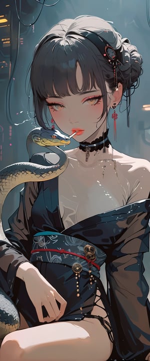 A femme fatale cyborg sits solo in a smoky cyberpunk club, petting a snake  as it gazes directly at the viewer. Her short hair and bangs frame her striking features, adorned with jewelry and a black choker. She dons a revealing seethrough kimono, paired with Japanese-style earrings. A cigarette dangles from her lips as she exudes an air of sexy sophistication, surrounded by the dark, gritty atmosphere of Conrad Roset's style. txznmec
