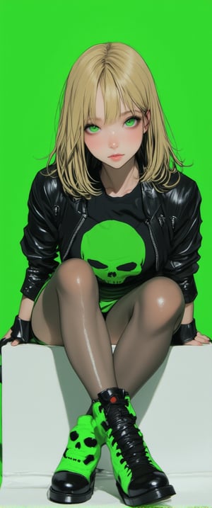 Aa medium-sized animated woman with blonde hair and green eyes sits on a white surface. he is dressed in a black outfit with a green skull on her chest. The outfit is adorned with black and green accents, including a black leather jacket, black boots, and a green skirt. Her boots are adorned with green circles, adding a pop of color to the scene. The background is a vibrant green, creating a striking contrast ..,ct-identityV2,ct-anime55,ct-skyzo_identity,ct-prettienime2