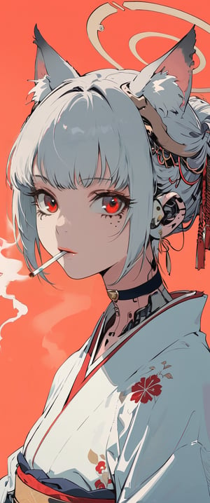 (by Carne Griffiths, Conrad Roset), 1girl,cyborg,android,mechanical, mechanical parts, mechanical joints, solo, looking at viewer, short hair, bangs, red eyes, animal ears, jewelry, upper body, white hair, earrings, japanese clothes, horns, choker, kimono, animal ear fluff, black choker, halo, red background, smoke, cigarette, white kimono, smoking, egasumi m3,Dark Manga of,Dark Anime of