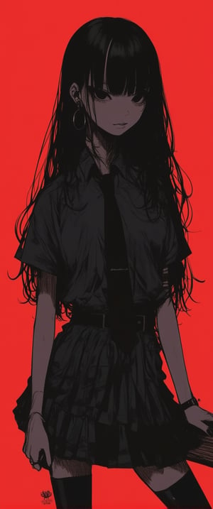 1girl, solo, long hair, looking at viewer, bangs, skirt, shirt, black hair, thighhighs, holding, jewelry, closed mouth, standing, short sleeves, cowboy shot, pleated skirt, earrings, necktie, collared shirt, belt, black thighhighs, blunt bangs, black skirt, black eyes, lips, plaid, black shirt, plaid skirt, black necktie, red background, watch, black belt, wristwatch, baseball bat masterpiece, best quality, amazing quality, very aesthetic, absurdres, depth of field,