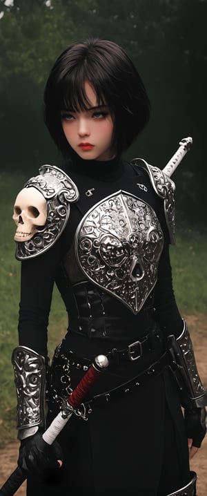 1girl, short hair, black hair, gloves, holding, closed mouth, standing, weapon, solo focus, belt, sword, holding weapon, armor, holding sword, cross, letterboxed, shoulder armor, gauntlets, sheath, pauldrons, skull, breastplate, red lips