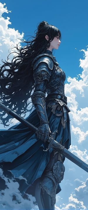 A majestic warrior stands victorious, her raven tresses cascading like a dark waterfall down her back. Donning full-body armor, she wears shoulder guards and a flowing cape that billows behind her like misty clouds. Her slender fingers firmly grasp a weapon at the ready as she strikes a confident pose before a brilliant blue sky with cotton-like clouds, echoing traditional anime and manga styles with a touch of elegance reminiscent of Kawanabe Kyosai's works.