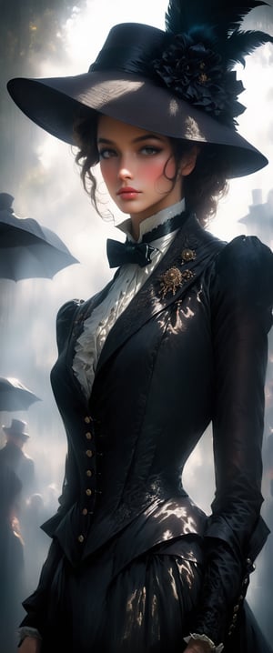 a humanoid Victorian lady., in a foggy 1900's angst,

black tailcoat,

black hat,

full-length, 

digital graphics, 

great composition, 

sharp focus, 

very high quality and sharpness, 

beautiful play of light and shadow, 

super high detail, 

hyper-realistic, Mysterious