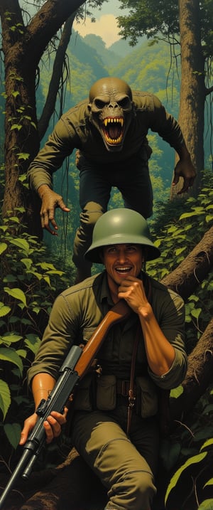 Vietnamese Jungle Ambush: A close-up shot frames a Marine's terrified face, his eyes wide with fear as he cautiously approaches the viewer, rifle at the ready. His camouflage fatigues and helmet blend seamlessly into the dense jungle surroundings, thick foliage and towering trees looming in the background. Unseen to him, a stealthy monster stalks from afar, its piercing gaze fixed on the soldier. The air is heavy with tension as the viewer becomes aware of the predator's proximity, its eyes locked onto the unsuspecting Marine.,ct-anime55