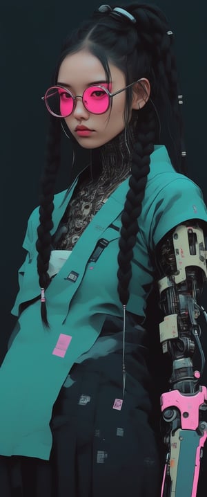 (cyberpunk girl like a samurai in the style of Conrad Roset, Nicola Samori), ultra realistic, (arbitrarily beautiful:1.4), full body, sexy female, (shiny black hair, long braids, neon glasses), more detail XL, ct-fujiii, ct-goeuun,ct-jeniiii, ct-eujiiin,txznmec