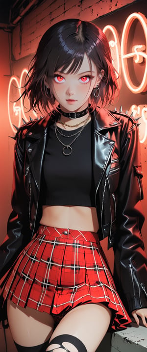 1girl, solo, looking at viewer, short hair, bangs, skirt, shirt, black hair, red eyes, thighhighs, long sleeves, navel, jewelry, sitting, closed mouth, jacket, pleated skirt, earrings, open clothes, choker, midriff, black thighhighs, miniskirt, blunt bangs, necklace, open jacket, black jacket, crop top, head tilt, torn clothes, plaid, black shirt, tattoo, glowing, plaid skirt, piercing, single thighhigh, ear piercing, glowing eyes, spikes, , leather, torn thighhighs, leather jacket, neon lights,score_9, ct-goeuun,masterpiece,ct-virtual