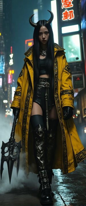 close-up masterpiece, A dark, gothic cyberpunk warrior with long black hair and glowing orange eyes, dressed in a tattered yet intricately patterned yellow cloak with black accents. She holds a massive spiked mace-like weapon with a dark, menacing aura, the handle wrapped in worn black leather, and the spikes emanating a faint red glow. Her oversized cloak features skull motifs and complex geometric designs, enhancing her commanding presence. The setting is a dimly lit, atmospheric cyberpunk world with towering neon skyscrapers in the background, mist swirling around her feet, and faint reflections of neon lights on the metallic ground. The entire scene carries a dystopian, futuristic vibe with a gothic undertone, blending elements of modern technology and ancient warrior aesthetics. Her horns and solemn expression reflect a stoic and powerful demeanor, as if she stands ready for a grim, imminent battle.,ct-chainb,ct-vituajis