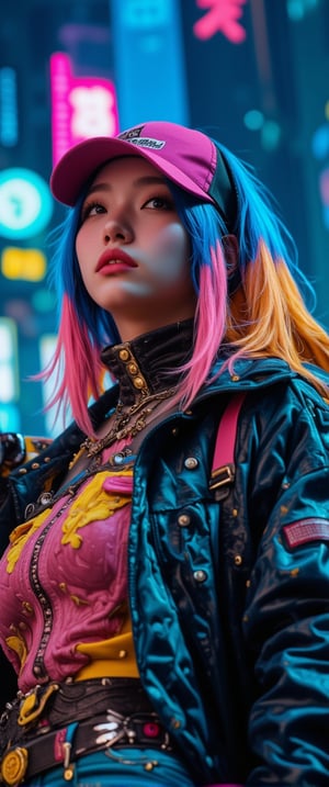 Here's a high-quality, coherent SD prompt based on the input: A close-up shot of a automata woman ' in her a cyberpunkpunk attire,mechanical joints, mechanical parts, wires,joints captured in ultra-high definition. She stands confidently, baseball bat held aloft, with vibrant hair styled in alternating blue, pink, and yellow hues. Her face is a masterpiece of dark makeup, featuring heavy eyeliner, red lipstick, . Sharp focus on her intense eyes, with a deep depth of field , . The background is a dark urban landscape with a blue-purple hue, contrasting strikingly with her colorful outfit. High-contrast lighting creates a cinematic atmosphere, with atmospheric shadows adding to the moody tone. Professional photography and 32K UHD resolution deliver photorealistic details, vivid colors, and high dynamic range. A truly impactful and visually stunning image, perfect for an action-packed movie poster.,ct-euntity