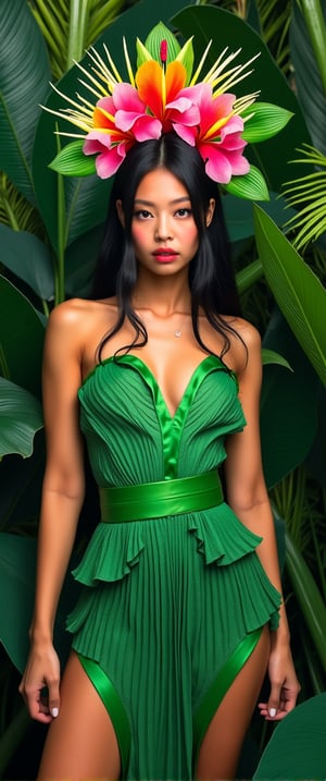 Create a portrait of a tropical princess, adorned with a crown made of exotic flowers. She stands surrounded by lush greenery and wild animals. The colors are vibrant, focusing on emerald greens and bright floral hues. Her outfit combines natural elements like leaves and fine silks, blending modern fashion with the wilderness.,ct-jennie