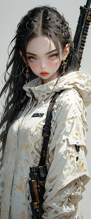 1girl, solo, long hair, looking at viewer, bangs, simple background, black hair, gloves, holding, jewelry, jacket, weapon, earrings, hood, fingerless gloves, holding weapon, see-through, gun, grey eyes, piercing, white jacket, ear piercing, holding gun, black nails, rifle,dal-27,dal-1