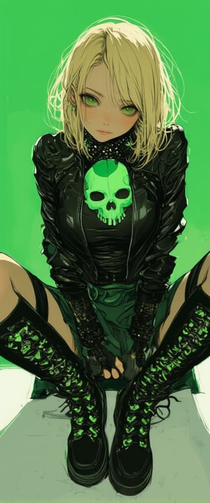 Aa medium-sized animated woman with blonde hair and green eyes sits on a white surface. he is dressed in a black outfit with a green skull on her chest. The outfit is adorned with black and green accents, including a black leather jacket, black boots, and a green skirt. Her boots are adorned with green circles, adding a pop of color to the scene. The background is a vibrant green, creating a striking contrast ..,ct-identityV2,ct-anime55,ct-skyzo_identity