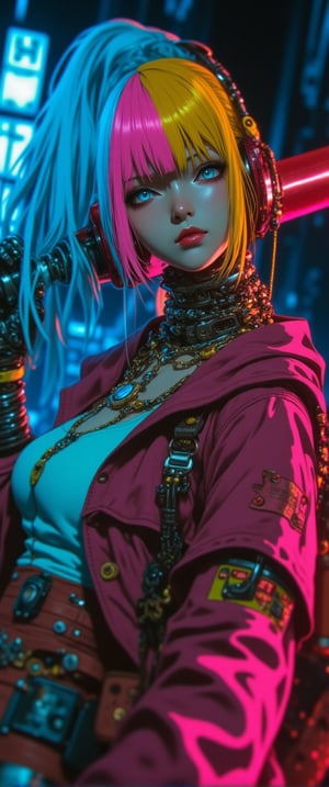 Here's a high-quality, coherent SD prompt based on the input:

A close-up shot of a  automata woman ' in her a cyberpunkpunk attire,mechanical joints, mechanical parts, wires,joints captured in ultra-high definition. She stands confidently, baseball bat held aloft, with vibrant hair styled in alternating blue, pink, and yellow hues. Her face is a masterpiece of dark makeup, featuring heavy eyeliner, red lipstick, . Sharp focus on her intense eyes, with a deep depth of field , . The background is a dark urban landscape with a blue-purple hue, contrasting strikingly with her colorful outfit. High-contrast lighting creates a cinematic atmosphere, with atmospheric shadows adding to the moody tone. Professional photography and 32K UHD resolution deliver photorealistic details, vivid colors, and high dynamic range. A truly impactful and visually stunning image, perfect for an action-packed movie poster.,ct-katakrat