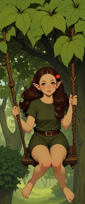 Under the sprawling canopy of a lush green tree, an adorable elf girl perches on a wooden swing suspended from its sturdy branches. Her curly brown locks are adorned with a delicate apple-shaped hairpin, adding to her whimsical charm. The soft focus and warm lighting evoke a sense of serenity as she gently sways back and forth, exuding an irresistible cuteness. Ink-like lines define the contours of her features, blending seamlessly with the natural world.,ct-physmstyle,ct-cromstyle