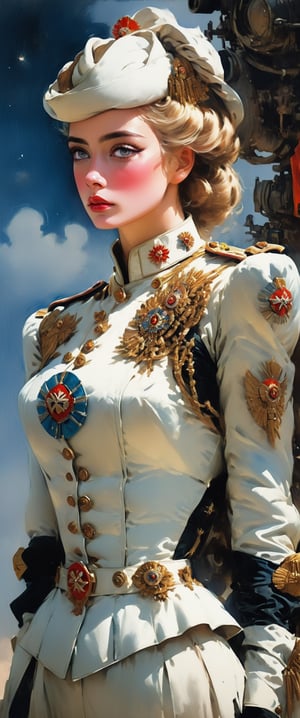 detailed full-length picture, masterpiece, best quality, ultra high resolution, visually stunning, beautiful, award-winning art (), beautiful ))), oil painting Portrait of a beautiful sovietpunk female noble lady in soldier outfit -, detailed face, whole body, Watercolor, trending on artstation, sharp focus, studio photo, intricate details, highly detailed, by greg rutkowski, more detail XL, hyper detailed, realistic, oil painting, by julie bell, frank frazetta, cinematic lighting