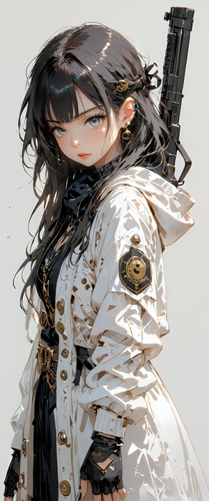 1girl, solo, long hair, looking at viewer, bangs, simple background, black hair, gloves, holding, jewelry, jacket, weapon, earrings, hood, fingerless gloves, holding weapon, see-through, gun, grey eyes, piercing, white jacket, ear piercing, holding gun, black nails, rifle,dal-27,dal-1,anime black line