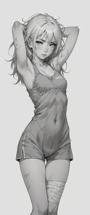 1girl, solo, long hair, breasts, looking at viewer, , greyscale, armpits, blood, bandages, messy hair, arms behind head,tumbada en una hamaca de red , injury, bandaged leg, score_6, score_7_up, score_8_up,score_9,score_4_up,score_5_up,score_6_up