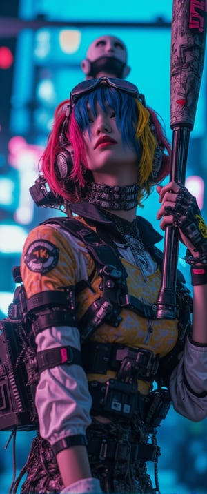 Here's a high-quality, coherent SD prompt based on the input: A close-up shot of a automata woman ' in her a cyberpunkpunk attire,mechanical joints, mechanical parts, wires,joints captured in ultra-high definition. She stands confidently, baseball bat held aloft, with vibrant hair styled in alternating blue, pink, and yellow hues. Her face is a masterpiece of dark makeup, featuring heavy eyeliner, red lipstick, . Sharp focus on her intense eyes, with a deep depth of field , . The background is a dark urban landscape with a blue-purple hue, contrasting strikingly with her colorful outfit. High-contrast lighting creates a cinematic atmosphere, with atmospheric shadows adding to the moody tone. Professional photography and 32K UHD resolution deliver photorealistic details, vivid colors, and high dynamic range. A truly impactful and visually stunning image, perfect for an action-packed movie poster.,ct-euntity