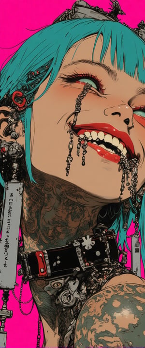 A futuristic young woman with an edgy, cyberpunk vibe gazes with a wide smile. Her face is adorned with a blend of human and robotic elements — her mouth revealing metallic teeth and mechanical components along her jawline and neck. Piercings and silver chains add to her alternative style, and large cross-shaped earrings dangle from her ears. Her tattooed neck merges into a metallic, cyborg-like structure, while her bright teal hair contrasts with the neon-pink background. .,ct-colority
,style of Mattias Adolfsson,ct-skyzo_identity