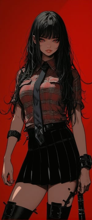 A stunning girl with long, raven-black hair and blunt bangs stands confidently in a cowboy-inspired shot. Her piercing black eyes gaze directly at the viewer, her lips sealed in a subtle smile. She wears a plaid shirt, collared and short-sleeved, over a pleated black skirt and matching thigh-high boots. A black necktie and belt cinch her waist, while a watch adorns her wrist. In one hand, she holds a baseball bat, exuding confidence and power. The deep red background adds warmth to the overall aesthetic, with an impressive depth of field that draws attention to her captivating features.