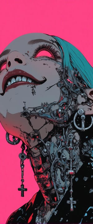 A futuristic young woman with an edgy, cyberpunk vibe gazes with a wide smile. Her face is adorned with a blend of human and robotic elements — her mouth revealing metallic teeth and mechanical components along her jawline and neck. Piercings and silver chains add to her alternative style, and large cross-shaped earrings dangle from her ears. Her tattooed neck merges into a metallic, cyborg-like structure, while her bright teal hair contrasts with the neon-pink background. .,ct-colority
,style of Mattias Adolfsson,ct-skyzo_identity