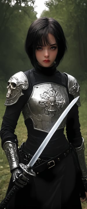 1girl, short hair, black hair, gloves, holding, closed mouth, standing, weapon, solo focus, belt, sword, holding weapon, armor, holding sword, cross, letterboxed, shoulder armor, gauntlets, sheath, pauldrons, skull, breastplate, red lips