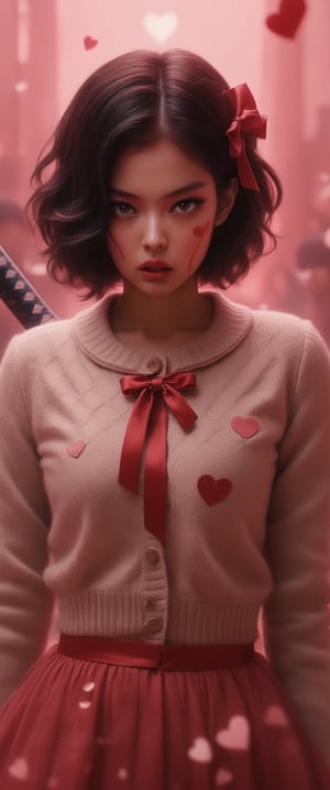 breathtaking ethereal RAW photo of female, ((best quality, 1girl, black hair, hair ornament, hairclip, black eyes, short hair, , beige cardigan, cardigan, pink dress, red ribbon, , angry,holding baseball bat, baseball bat, blushing, looking at viewer, hearts, sparkles, pink background, 5 fingers, perfect hands



 )), dark and moody style, perfect face, outstretched perfect hands. masterpiece, professional, award-winning, intricate details, ultra high detailed, 64k, dramatic light, volumetric light, dynamic lighting, Epic, splash art .. ), by james jean $, roby dwi antono $, ross tran $. francis bacon $, michal mraz $, adrian ghenie $, petra cortright $, gerhard richter $, takato yamamoto $, ashley wood, tense atmospheric, , , , sooyaaa,IMGFIX,Comic Book-Style,Movie Aesthetic,action shot,photo r3al ,bad quality image,oil painting, cinematic moviemaker style,Japan Vibes,H effect,koh_yunjung ,koh_yunjung,kwon-nara,sooyaaa,colorful,bones,skulls,armor,han-hyoju-xl
,DonMn1ghtm4reXL, ct-fujiii,ct-jeniiii, ct-goeuun,mad-cyberspace,FuturEvoLab-mecha,cinematic_grain_of_film,a frame of an animated film of,score_9,3D,style akirafilm,Wellington22A,Mina Tepes,lucia:_plume_(sinful_oath )_(punishing:_g,VAMPL, FANG-L ,kizuki_rei, ct-eujiiin,Jujutsu Kaisen Season 2 Anime Style,ChaHaeInSL,Mavelle,Uguisu Anko,Zenko