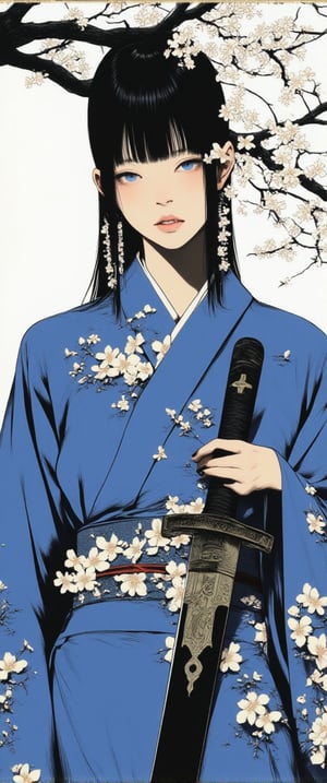 A 70mm lens captures aa medium-sized Asian woman, dressed in a blue kimono, adorned with white flowers, stands in front of a backdrop of a tree branch with white blooms. The woman's hair is styled in a sleek, straight line, and her eyes are a piercing blue. She is holding a black sword in her right hand, adding a touch of contrast to her outfit. The backdrop is a stark white wall, creating a stark contrast to the woman's outfit.,ct-jennie