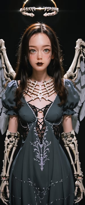 1girl, solo, long hair, breasts, looking at viewer, dress, medium breasts, wings, horns, puffy sleeves, halo, grey skin, skeleton, black lips, ct-fujiii