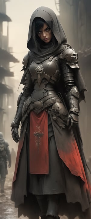 masterpiece, biomechanical legs, combat nun warriror, angry ,, stands arms on hips, red hood, combat ready in an dusty city post apocaliptic ruins, covered in dust, antion shot, movie still, volumetric light, dark and moody style, tense athmosfere, intrincate details, ultra high detallieded, Shattered Armor, rainy, mud,digital artwork by Beksinski,hubg_mecha_girl,darkart,princess
