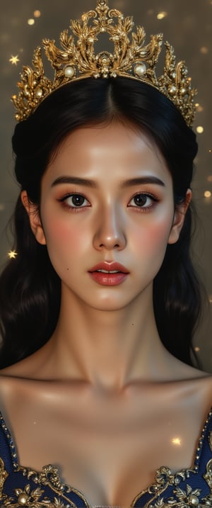 This image is a digital drawing in a highly detailed, realistic anime style. The subject is a young woman with a slender, athletic build and fair skin, likely of East Asian descent. She has long, dark hair cascading down her back and piercing blue eyes with a serious, slightly melancholic expression. She is adorned with a golden crown adorned with small, glowing stars, suggesting a regal or fantastical theme.