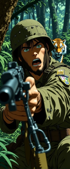 Vietnamese Jungle Ambush: A close-up shot frames a Marine's terrified face, his eyes wide with fear as he cautiously approaches the viewer, rifle at the ready. His camouflage fatigues and helmet blend seamlessly into the dense jungle surroundings, thick foliage and towering trees looming in the background. Unseen to him, a stealthy tiger stalks from afar, its piercing gaze fixed on the soldier. The air is heavy with tension as the viewer becomes aware of the predator's proximity, its eyes locked onto the unsuspecting Marine.,ct-anime55,ct-physmstyle