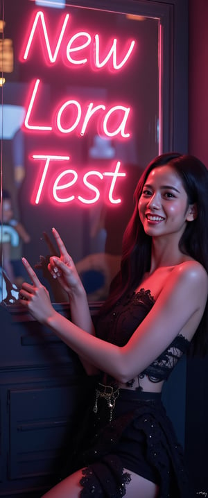 A very beautiful woman is pointing at the viewer and smiling, pointing at a large neon sign that says "New Lora Test". The background is dark gothic  with  dark tones in a Japanese style. Detailed texture, high quality, high resolution, high precision, realism, color correction, good lighting settings, harmonious composition, Behance work, watercolor, text, the text is "",ct-kjbp