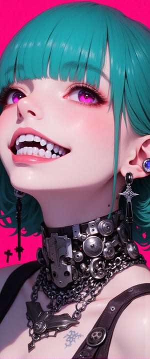 A futuristic young woman with an edgy, cyberpunk vibe gazes upward with a wide smile. Her face is adorned with a blend of human and robotic elements — her mouth revealing metallic teeth and mechanical components along her jawline and neck. Piercings and silver chains add to her alternative style, and large cross-shaped earrings dangle from her ears. Her tattooed neck merges into a metallic, cyborg-like structure, while her bright teal hair contrasts with the neon-pink background.
.
.,ct-style85,ct-katakrat,ct-anime55,ct-prettienime2