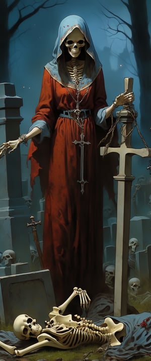 Generate hyper realistic image of a necromancer performing an unholy ritual to raise the dead, surrounded by a graveyard filled with restless spirits. The necromancer's staff should channel dark energies, and skeletal hands should emerge from the ground as the undead awaken. Convey the malevolent power of the necromancer as they defy the natural order to command the deceased.