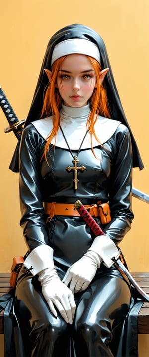 1girl,sexy,latex, thight,  solo, long hair, looking at viewer, , simple background, gloves, long sleeves, sitting, closed mouth, weapon, pointy ears, belt, sword, orange eyes, wariza, katana, sheath, yellow background, pouch, sheathed, orange background, nun, habit, scabbard, weapon on back, irreverent, sensual, 