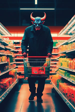  a demon doing the last shopping in the supermarket,. dark tense and unsettling atmosphere.walmart,.,, reflections, , groceries,fear,  By renowned artists such as ,, Francis Bacon, . Resolution: 4k.,,aw0k euphoric style