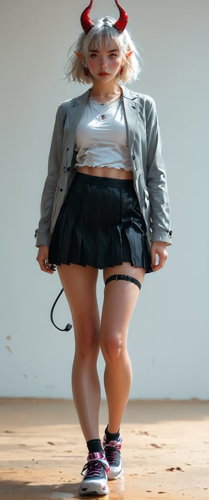 A stunning demon girl stands confidently, her piercing red eyes fixed on the viewer. Her short, white hair is styled with bangs framing her pointed ears and horn-like protrusions. A simple, grey background allows her striking features to shine. She wears a black skirt, pleated miniskirt underneath, and a grey jacket left open to reveal her toned physique. The top half of her outfit consists of a white shirt with long sleeves and a red earring adorns each ear. Her closed mouth suggests a sense of determination as she stands on one leg, her demon tail swishing behind her. A black pair of sneakers sits atop her purple skin, while her black panties are adorned with a thigh strap. The overall composition is striking, with the subject's gaze drawing the viewer in.