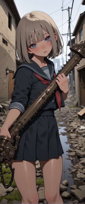 A gritty GOD EATER scene: A petite Japanese girl in a sailor school uniform miniskirt stands strong amidst the ruins of a dystopian cityscape. She brandishes an imposing, intricately detailed mechanical chainsaw-like sword with gears and rivets, its steely sheen contrasting with her fragile features. Her chained hand adds an eerie touch to her menacing aura. The desolate backdrop of dilapidated buildings, power lines, and gray skies amplifies the post-apocalyptic atmosphere. Her exquisite facial features glow amidst the ruin, as she exudes a sense of powerful danger.,ct-sensanime,ct-prettienime2,ct-anitity,ct-anime55