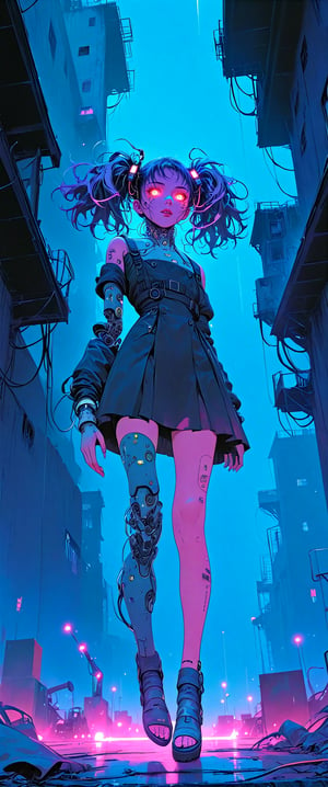 A cyborg girl sex doll hangs precariously from a rickety catwalk inside a decaying warehouse, her metallic limbs splayed out like a macabre sculpture. The air is thick with dust and the faint hum of machinery whirs in the darkness. Her synthetic skin glows with an eerie luminescence, as if charged by the city's raw energy. In this dystopian landscape, the only sound is the creaking of twisted metal and the distant thrum of neon-lit advertisements piercing the bleakness.,l4rg33y3s,dal-1,anime