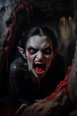 art by frank frazzeta, art by jiji ito, a masterpiece, stunning beauty, hyper-realistic oil painting, a fierce vampire, cave like dark chiarascuro lighting, dripping blood and sweat, messed up, ,monster,detailmaster2,beyond_the_black_rainbow,old style