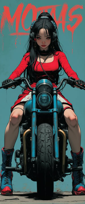 a girl riding a blue motorcycle( ). The girl is wearing a red long sleeve shirt and a red and white skirt. She is also wearing a pair of blue and red boots. Her long black hair is pulled back in a ponytail. She has headphones on her head and earphones in her ears. The motorcycle is made of metal and has a black tire on the front. The background is a light blue color with red writing on it.. Amidst this moody, atmospheric setting, her elegant posture exudes an enchanting contrast, drawing us in to unravel the secrets of her mysterious world.,ct-identityV2,ct-colority,ct-sensanime,ct-bustyy2,ct-chainb,ct-fititty,ct-leetity