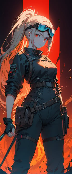 A lone warrior stands against a fiery red backdrop, her long hair flowing behind her. Her gaze pierces the viewer as she wears fingerless gloves and holds a sword in one hand, its sheath strapped to her belt. A katana rests in a holster at her side. Red eyes glow beneath an eyepatch, framing her scarred face. A ponytail is tied at the back of her head, while goggles sit atop it, giving her a cyberpunk edge. A gun is holstered at her hip, ready to be drawn. The overall atmosphere is one of fierce determination, with the red background amplifying the intensity of this mysterious warrior's gaze.,anime black line