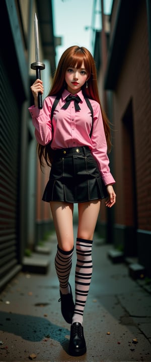 a female doll stands in a dark alleyway, holding a sword in her right hand. She is dressed in a pink long-sleeved shirt, a black skirt, and striped socks. Her hair is a vibrant shade of brown, and her eyes are a piercing blue. She has a black bow tie around her neck, adding a pop of color to her outfit. Her left hand is positioned in front of her body, while the right hand is resting on her hip. Her shadow is cast on the wall on the right side of the image.