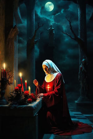 A dying depiction of a menacing cult nun in a dark, atmospheric setting, at the cult altar  bathed in moonlight, waiting to collect tormented souls, with blood dripping from their hands. chiarosaur, element of terror. Dark and moody, with hints of red to emphasize the presence of blood. By renowned artists such as H.R. Giger, Zdzisław Beksiński, and Brom. Resolution: 4k.,,aw0k euphoric style,detailmaster2,DonMn1ghtm4reXL,sooyaaa,roses_are_rosie